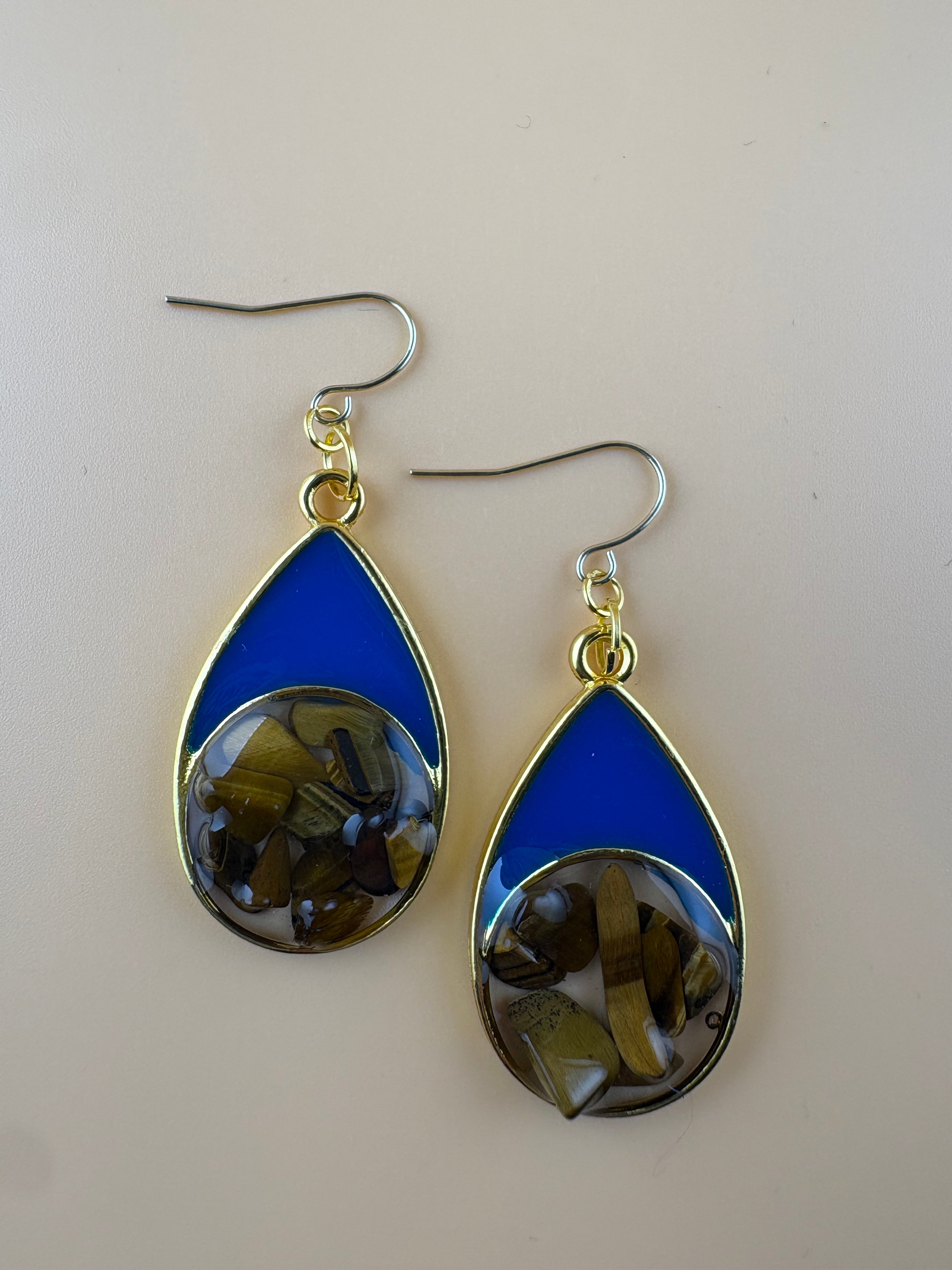Gold and Blue Tiger's Eye Bezel Earrings
